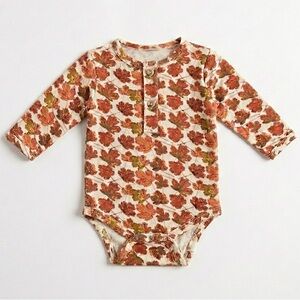 Kate Quinn Autumn Maple Leaf Long Sleeve Henley Bamboo Soft Bodysuit 0-3M